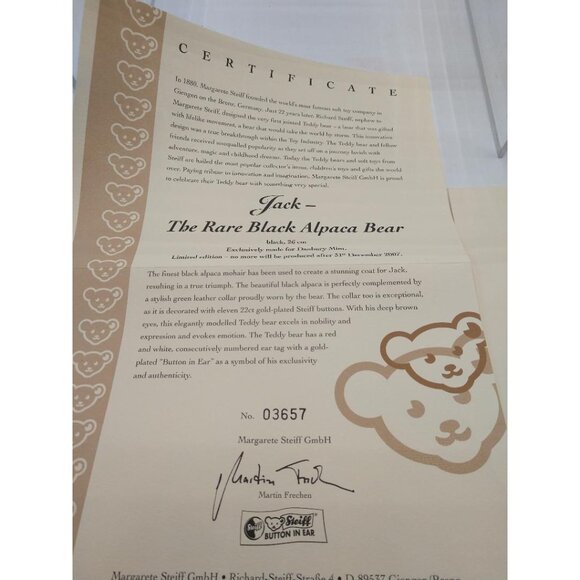 Steiff Limited Edition Teddy Bear 2007 Alpaca W/ Green Collar & Certificate - Picture 7 of 7